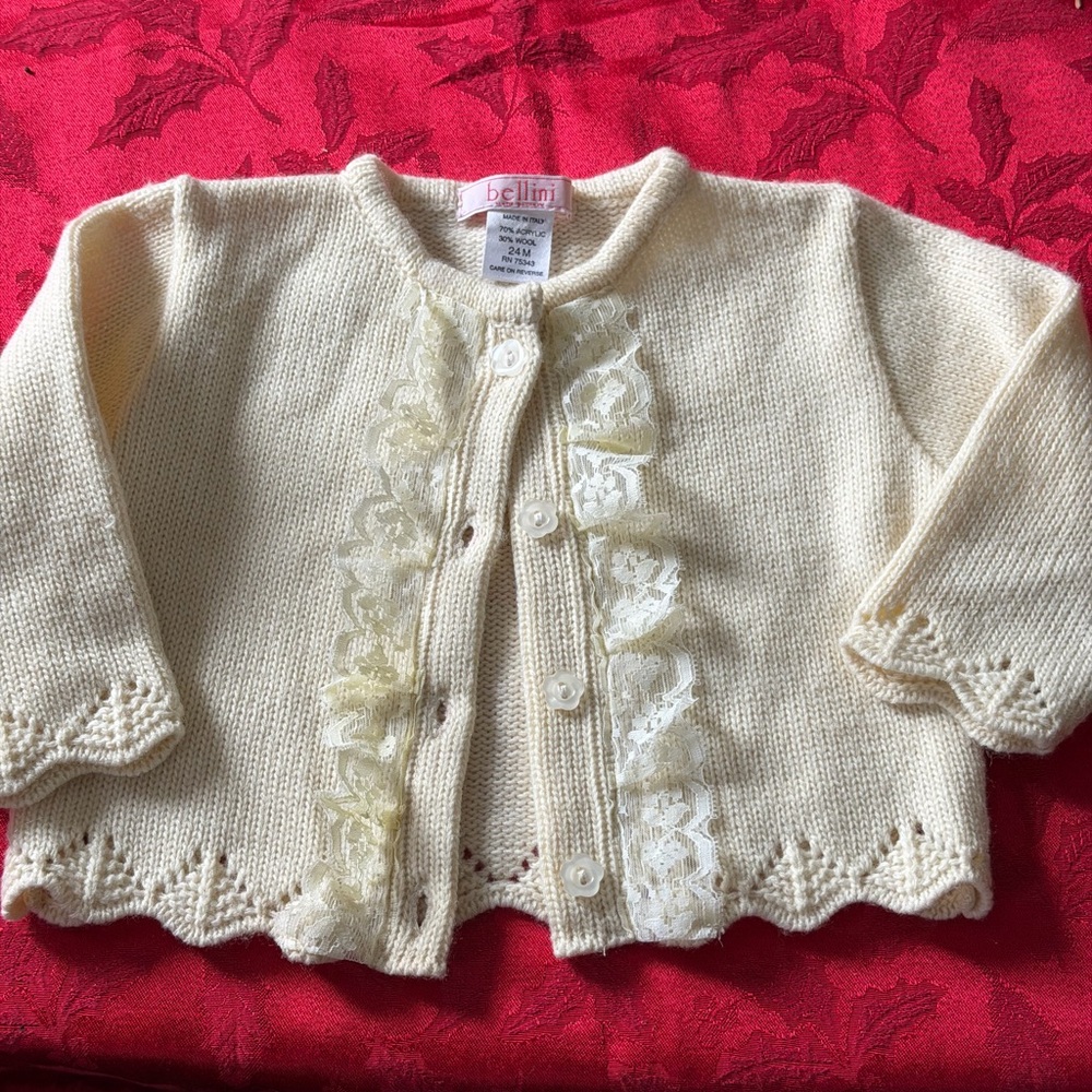 Bellini baby cardigan in cream cotton with lace trim Size 24 Months Color